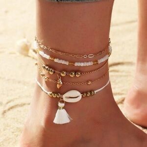 5 pcs Tassel and Shell Anklet Set Golden Chain String